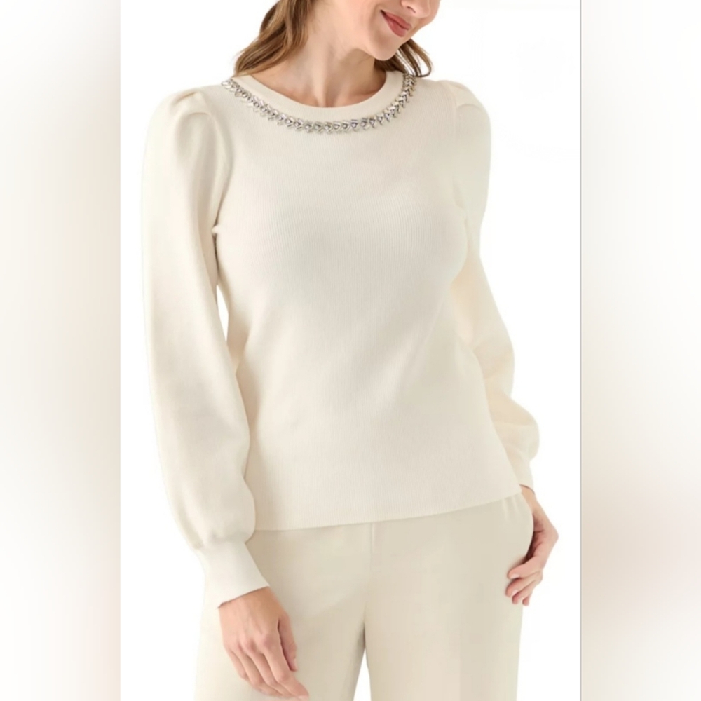 Anne Klein Women's Cream Top with Embellished Neckline
